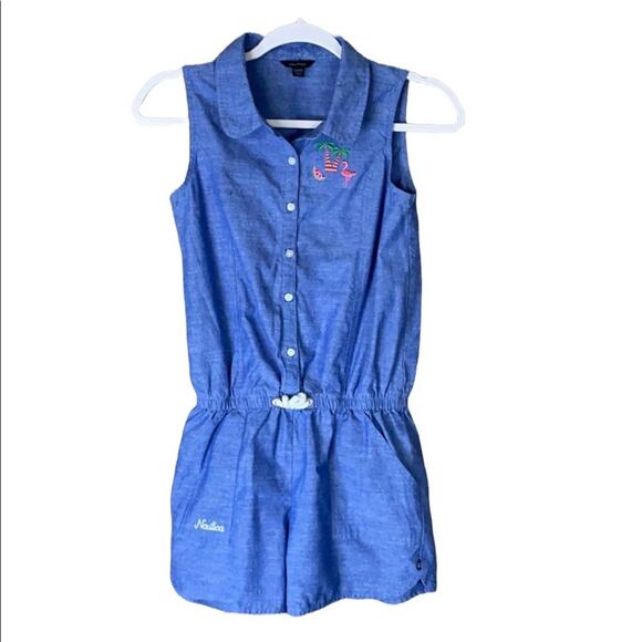 Nautica Sleeveless Romper Shorts Blue Chambray Denim Size Large 12 14 - Picture 1 of 7